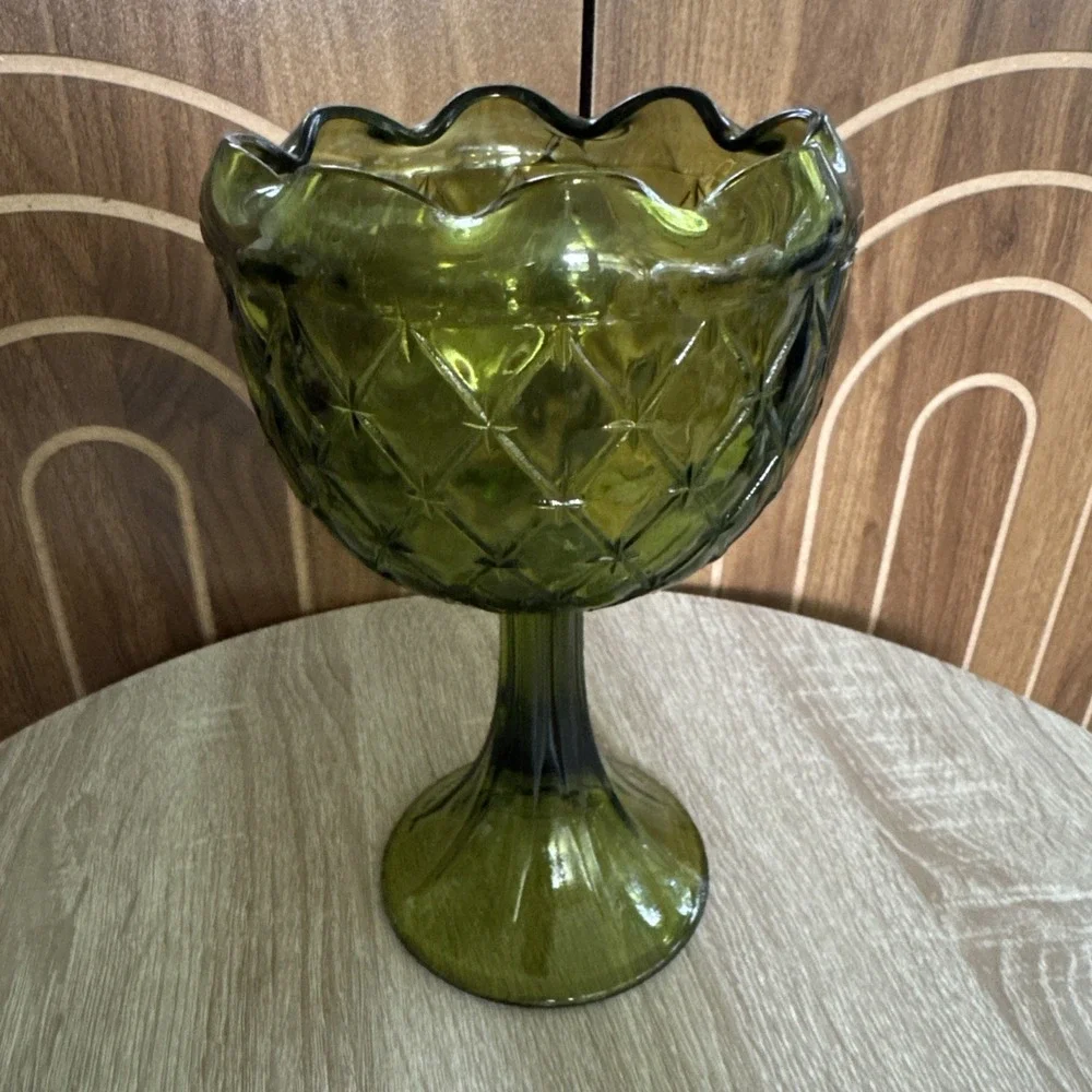 Indiana Glass Avocado Green Pedestal Diamond Ruffled Compote Candy Dish, Vintage